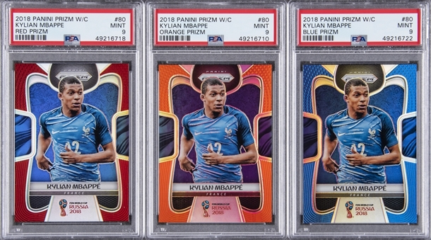 2018 Panini Prizm World Cup Prizm #80 Kylian Mbappe PSA MINT 9 Scarce Parallels Rookie Cards Trio (3 Different)